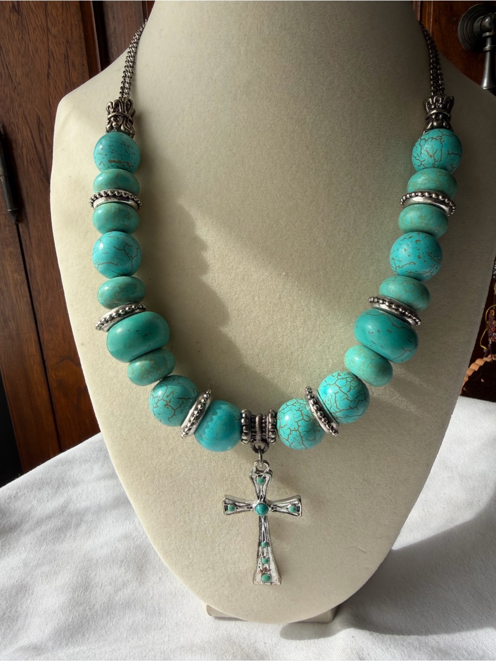 Turquoise Howlite Style Beaded Cross Necklace Silver Tone Western Boho Statement